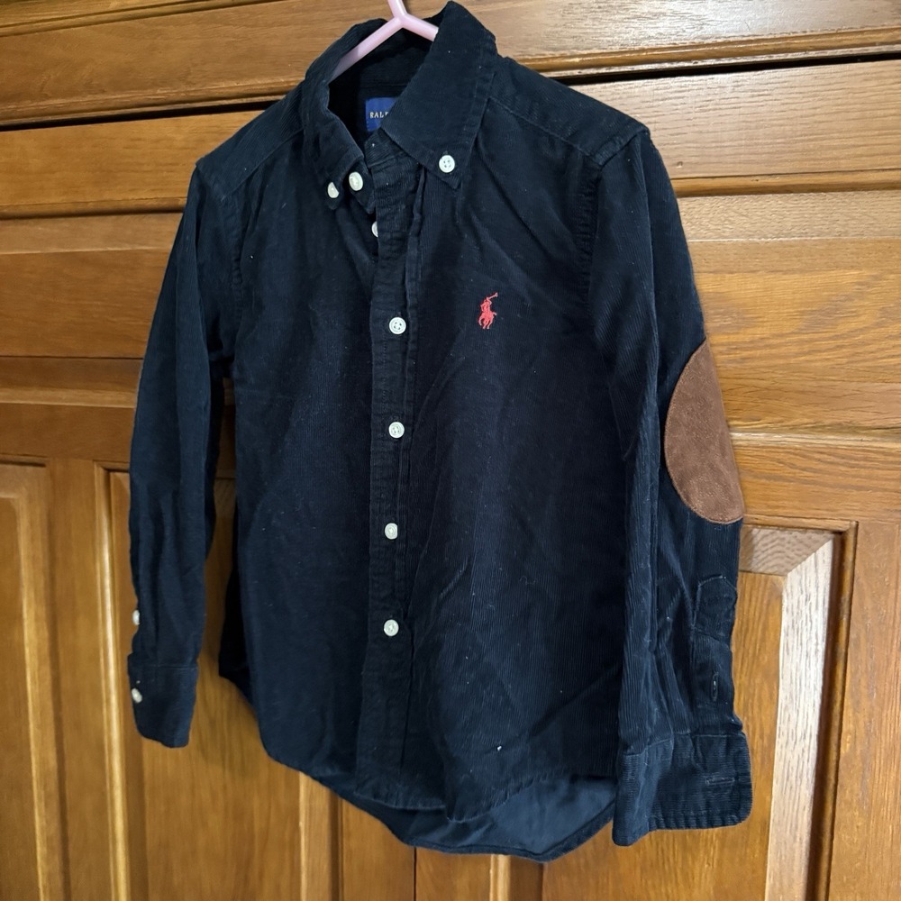 Ralph Lauren Kids Boys' Size 4 Black Corduroy Brown Patch Button Up Shirt
